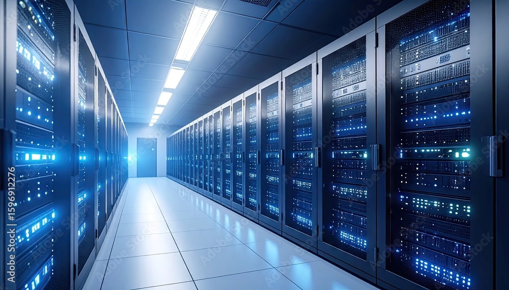 Poster illuminated server racks in a data center hallway with blue lights and digital information display