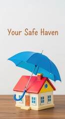 Small house protected by blue umbrella on wooden surface home protection