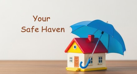 Small house protected by blue umbrella on wooden surface with text home protection