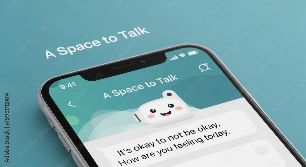 Poster smartphone displaying a i chatbot conversation about mental wellbeing mobile phone artificial intell