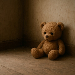 A lone teddy bear in the corner of an old room on a wooden floor.