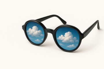 Black glasses with clouds on blue lenses on a light background. Space for text.