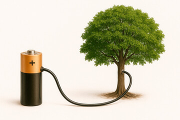 A tree connected to a battery via a cable, the energy of nature.