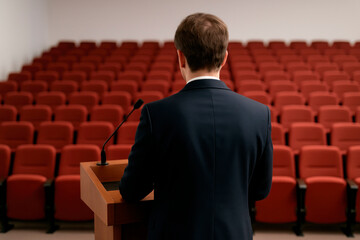 The speaker is at the pulpit in front of an empty hall with red chairs.