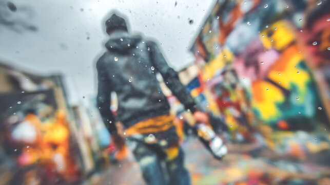 Street artist spray painting colorful mural on wall while walking through urban alley. Vibrant art enhances gritty background. Concept of creativity, street culture, urban art