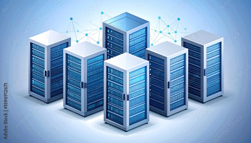 Aufkleber isometric view of multiple server icons with blue digital mesh on a light blue background