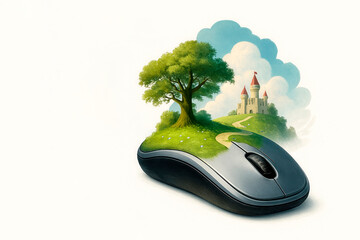 A computer mouse with a tree and a castle, the way to a fairy tale through technology. Space for text.