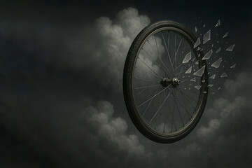 A bicycle wheel shattering into fragments in dark clouds. Space for text.