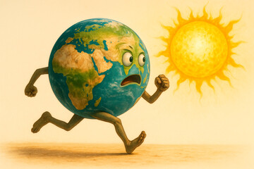 The Earth with its arms and legs runs away from the Sun.