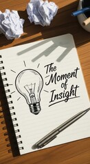 Sketch of a lightbulb and text The Moment of Insight on a notebook page idea