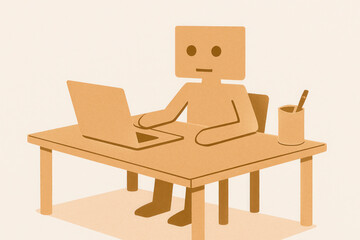 A cardboard man working on a laptop. Space for text.