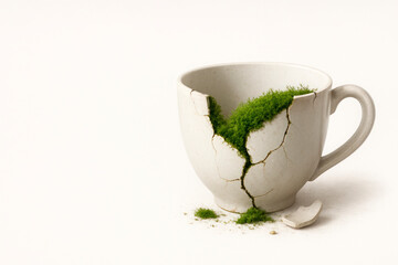 Green moss grows through the cracks in the broken cup. Space for text.