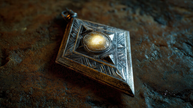 Magical amulet glowing with protective energy lies on textured stone surface, featuring intricate geometric patterns and central golden orb that radiates warmth and mystery