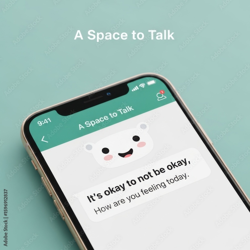Poster smartphone screen displaying a chat interface with a friendly bear character and supportive text mob