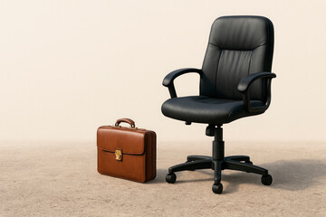 A black office chair and briefcase against a beige wall. Space for text.