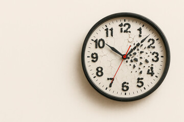 Wall clock with flying numbers, time concept. Space for text.