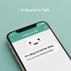 Smartphone screen displaying a chat interface with a friendly bear character and supportive text mobile phone