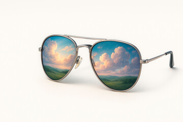 Sunglasses with the reflection of a picturesque landscape. Space for text.