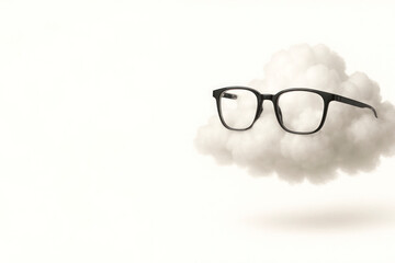 Glasses floating on a cloud, a concept of lightness and dreaminess. Space for text.