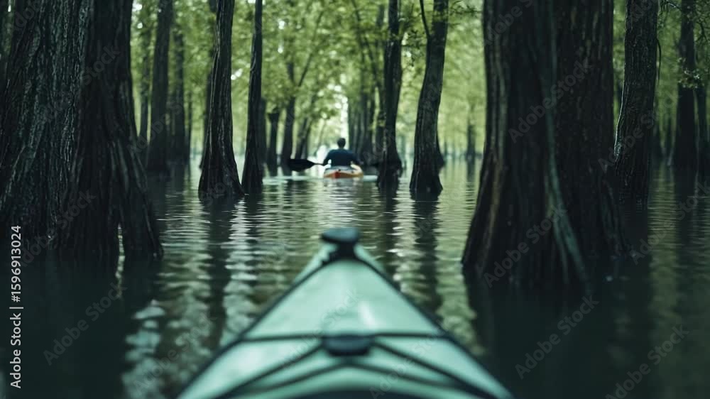 Poster a person paddles a kayak through a forest that is partially underwater due to flooding, with trees a