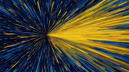 Naklejka premium Abstract vibrant yellow and blue radiating line pattern from center creates dynamic energetic motion effect with streaks spreading outward in visually striking composition