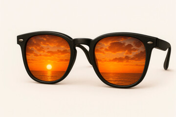 Glasses with the reflection of a bright sunset over the ocean.