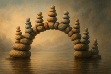 An arch of stacked stones over the water at sunset.