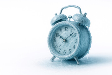 Frozen retro alarm clock in hoarfrost on a light background. Space for text.