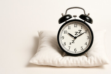 A sleeping alarm clock lying on a pillow. Space for text.