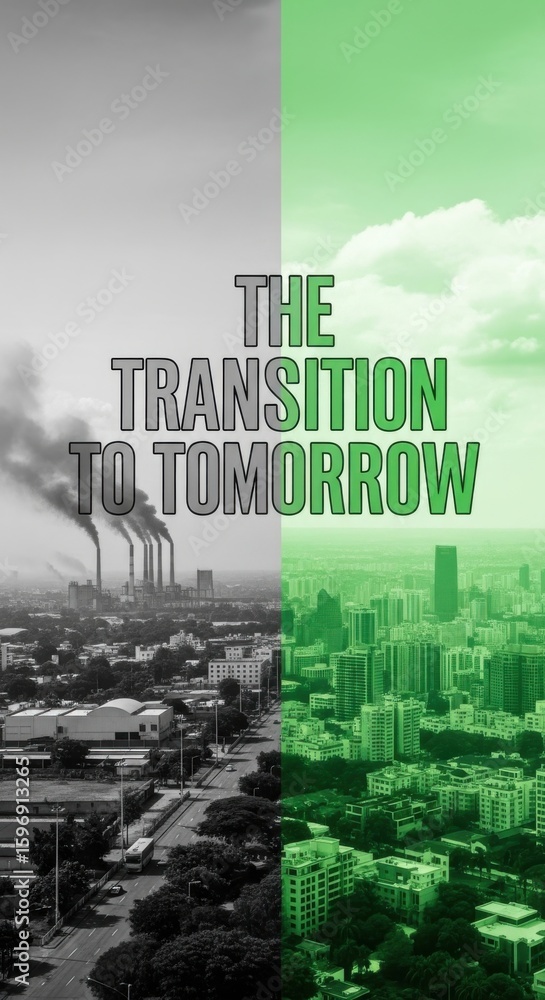 Poster split image showing industrial pollution transitioning to a green cityscape with text factory smoke 