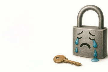 A crying lock with a key lying next to it. Space for text.