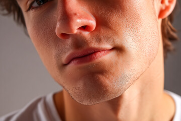 Obraz premium Close-up of young man with subtle smile and confident expression. Soft lighting accentuates facial features and skin texture. Concept of beauty, self-confidence, male grooming