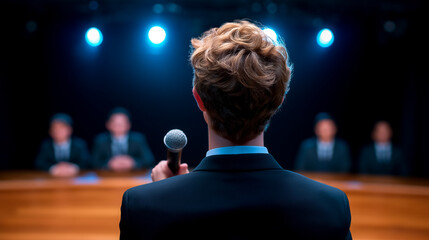 Young man stands confidently holding microphone while presenting ideas to panel of listeners. Professional environment with low lighting emphasizes focus on speaker