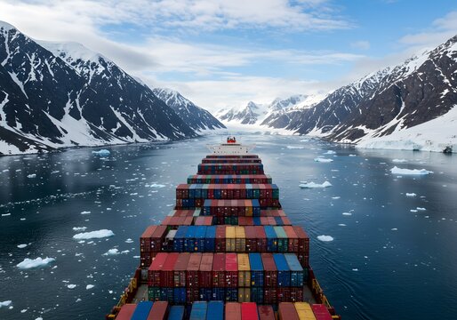 Container ship arctic ocean shipping freight transport cargo vessel icebergs trade