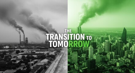 Split image showing industrial pollution transitioning to a green cityscape with text industry future