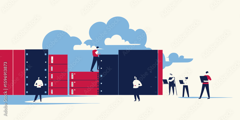 Poster business team working with cloud computing storage servers and data center technology in flat minima