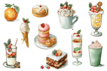 Watercolor clipart of festive Christmas desserts on transparent background. Perfect for greeting cards, packaging, scrapbooking, stickers, menus, and seasonal design projects.