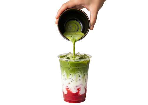 iced strawberry matcha latte pouring into a plastic cup