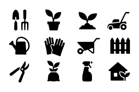 Gardening icon set: essential tools and elements in silhouette style