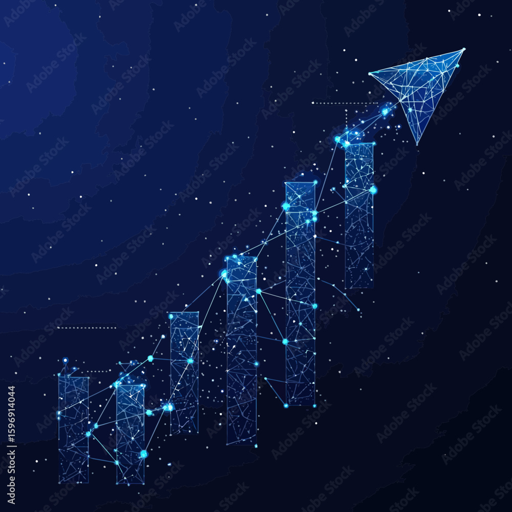 Poster digital polygonal growth chart with upward arrow composed of glowing network connections and dots on