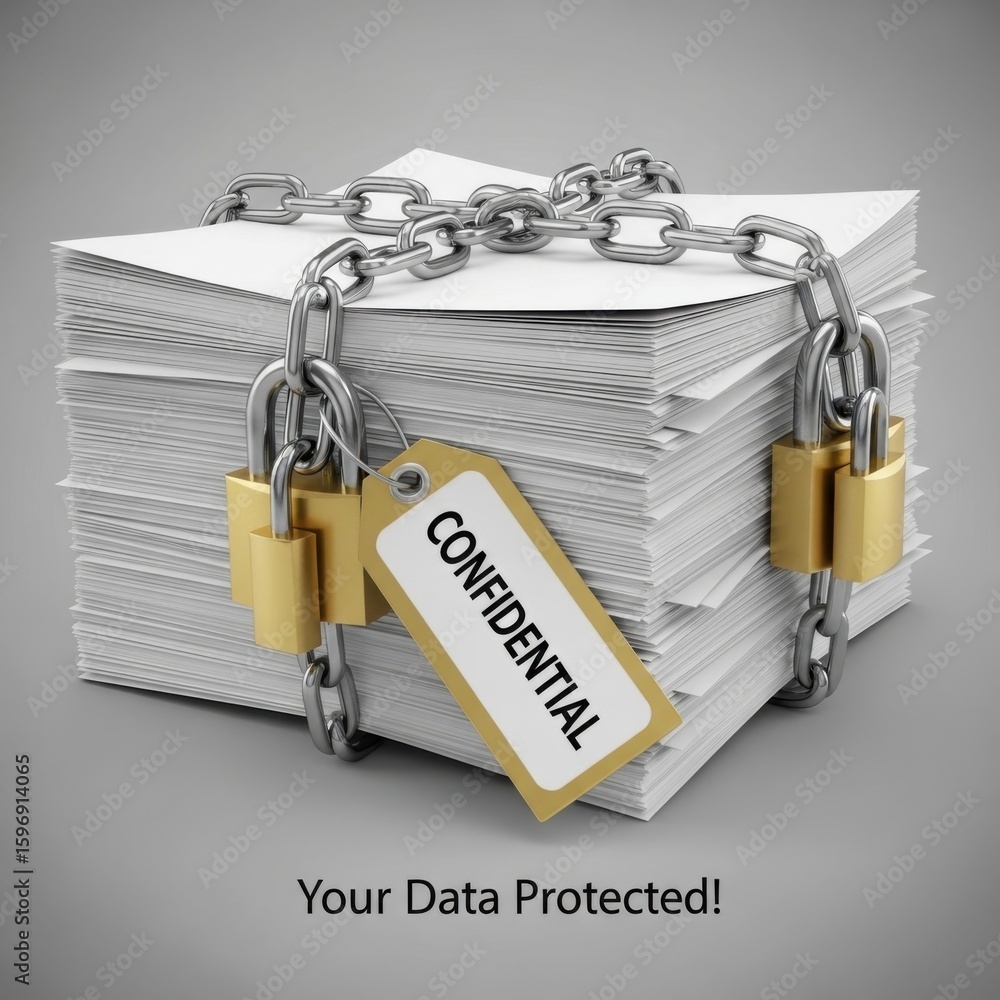 Aufkleber stack of confidential documents secured with chains and padlocks data security