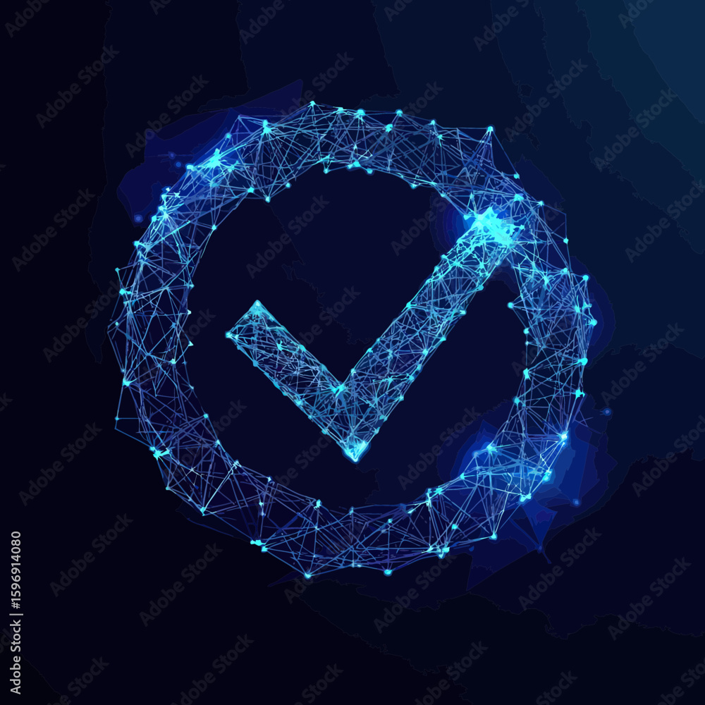 Poster digital polygonal check mark composed of interconnected blue glowing network lines and dots in circu