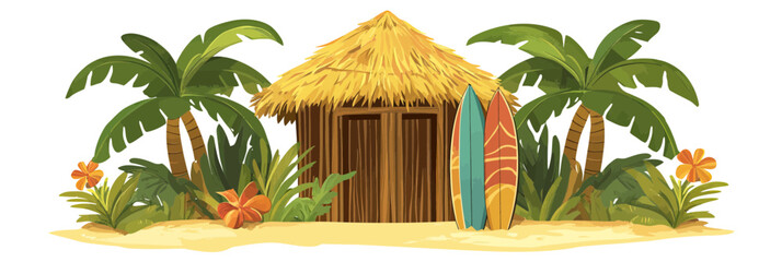 Tropical bamboo tiki hut with straw roof surrounded by palm trees tropical plants and colorful surfboards on sandy beach vector illustration