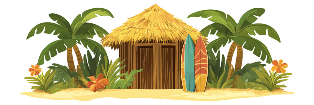 Tropical bamboo tiki hut with straw roof surrounded by palm trees tropical plants and colorful surfboards on sandy beach vector illustration