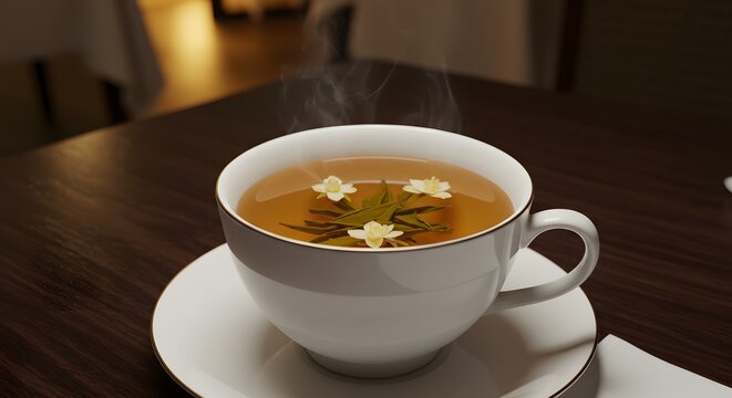 Jasmine tea fragrant brew leaf cup on a restaurant table