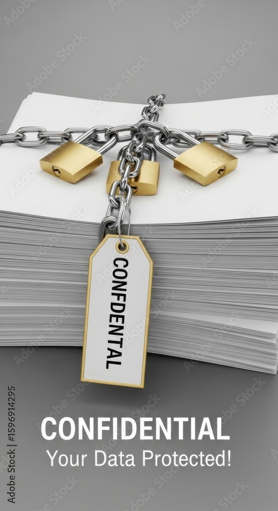 Poster stack of papers secured with chains and golden padlocks with confidential tag security data protecti