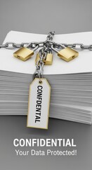 Stack of papers secured with chains and golden padlocks with confidential tag security data protection