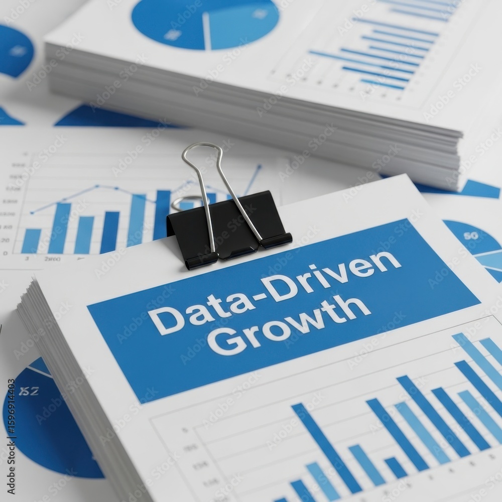 Fototapete stack of papers with data driven growth title and charts held by binder clip data analytics business