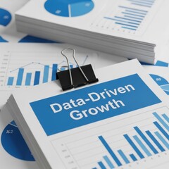 Stack of Papers with Data Driven Growth Title and Charts Held by Binder Clip data analytics business