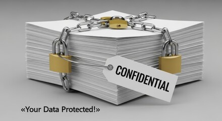 Stack of White Paper Secured with Metal Chains and Padlocks Tagged Confidential security data protection